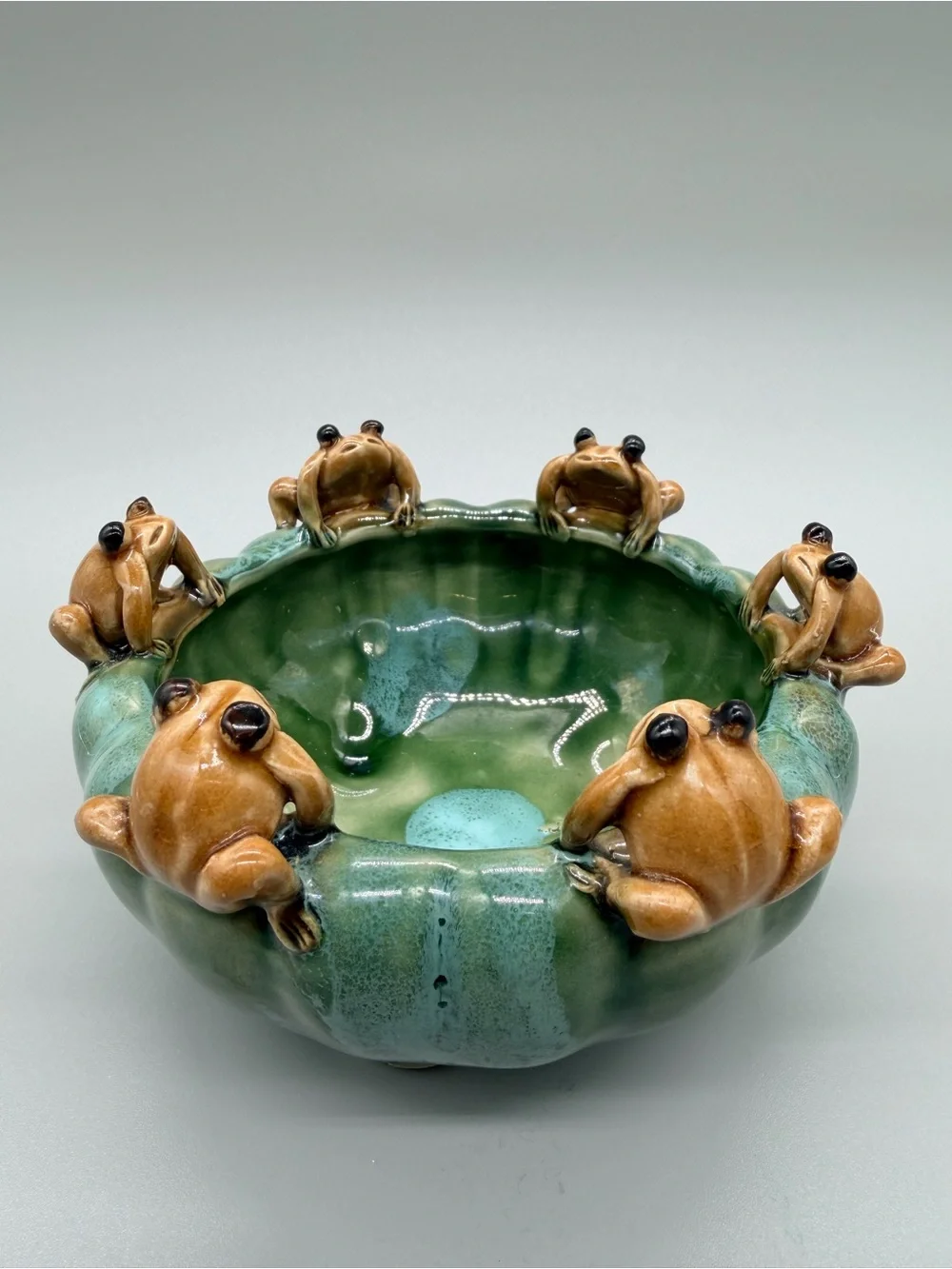 VTG Majolica Style Ceramic 6 Frogs Bowl Planter Green Drip Glaze Lily Pad 5